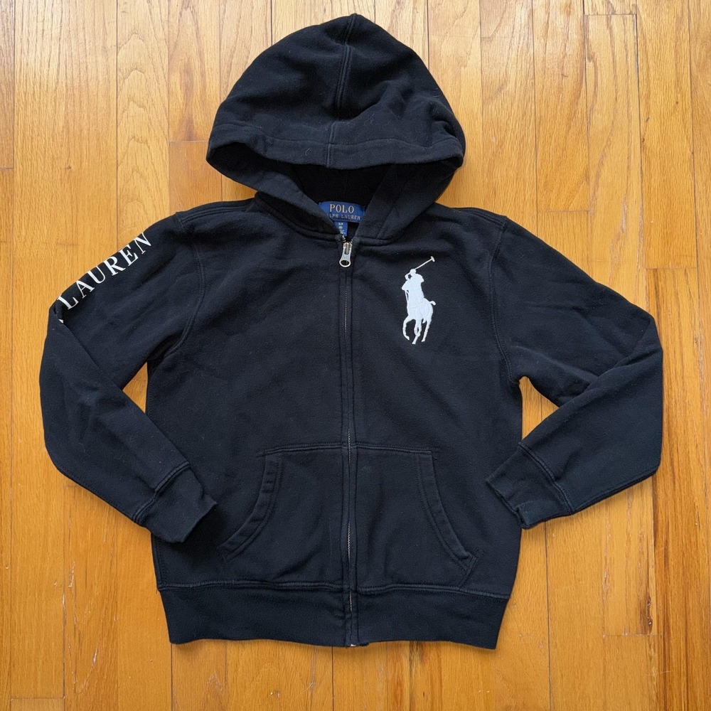 Polo Ralph Lauren Hoodie Kids 8 Black Big Pony‎ Full Zip Fleece Sweatshirt